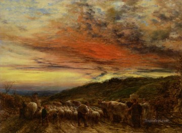 Sheep Shepherd Painting - Linnell John Homeward Bound sunset 1861 sheep